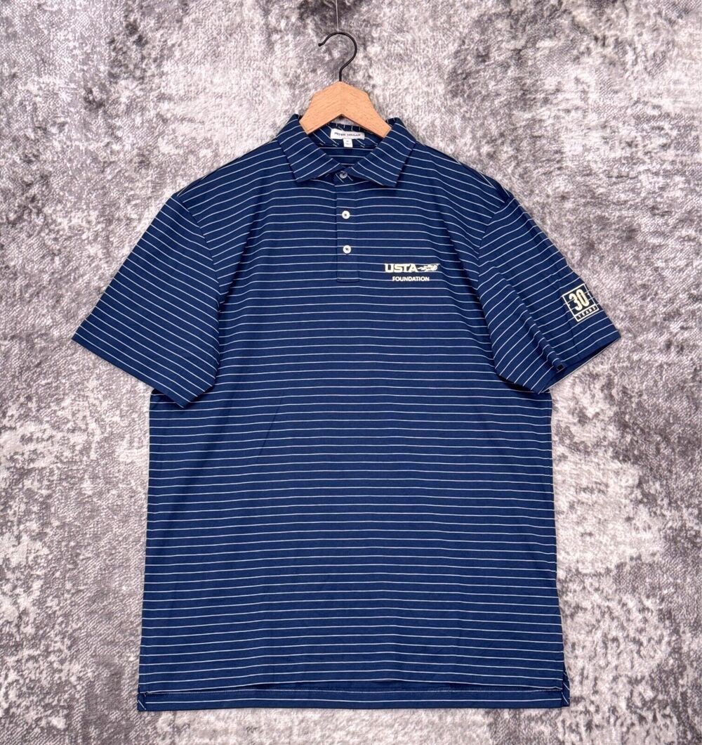 Peter Millar Polo Shirt Medium Mens Pima Cotton Blue Striped Short Sleeve Golf